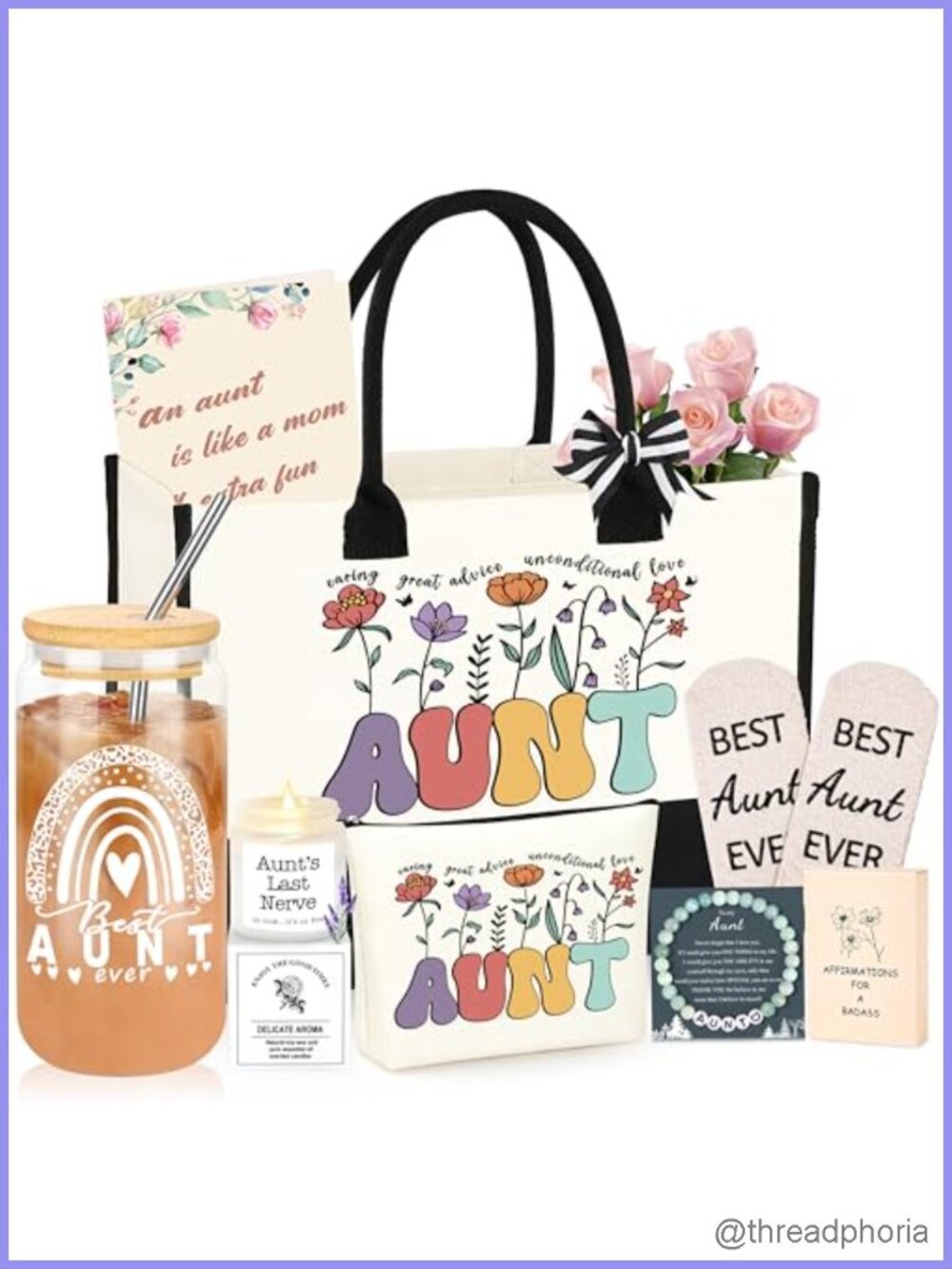 Canvas Tote Bag Gift Set for Aunt with Glass Coffee Cup